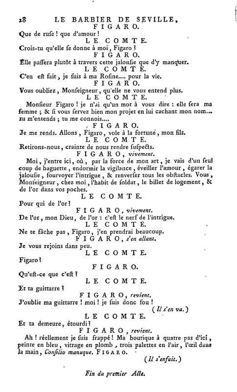 Barbier de Séville, ou la Précaution inutile (Le), comédie en quatre actes, par M. de Beaumarchais, représentée sur le théâtre de la Comédie Française le 23 février 1775 (avec une Lettre modérée sur la chute et la critique du Barbier de Séville)