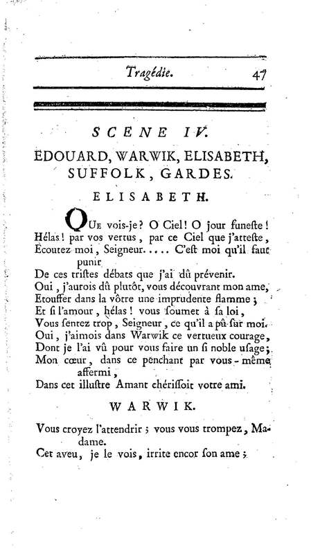Comte de Warwik [sic] (Le), tragédie par M. de La Harpe, représentée pour la première fois par les Comédiens françois ordinaires du Roi, le 7 novembre 1763