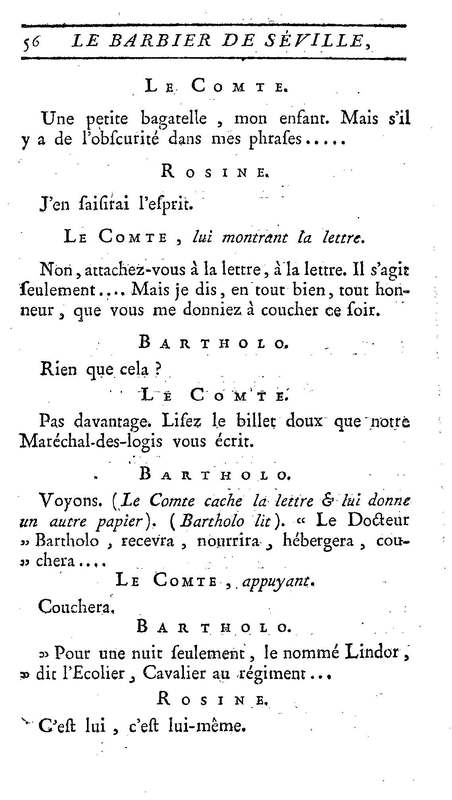 Barbier de Séville, ou la Précaution inutile (Le), comédie en quatre actes, par M. de Beaumarchais, représentée sur le théâtre de la Comédie Française le 23 février 1775 (avec une Lettre modérée sur la chute et la critique du Barbier de Séville)