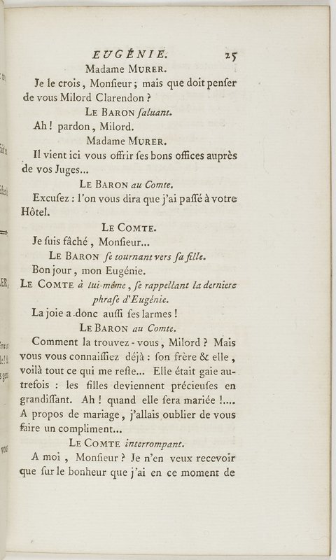 Eugénie, drame en cinq actes en prose, enrichi de figures en taille-douce ; avec un Essai sur le drame sérieux Eugénie, drame en cinq actes en prose, enrichi de figures en taille-douce ; avec un Essai sur le drame sérieux