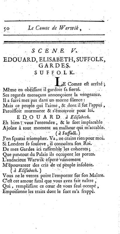 Comte de Warwik [sic] (Le), tragédie par M. de La Harpe, représentée pour la première fois par les Comédiens françois ordinaires du Roi, le 7 novembre 1763
