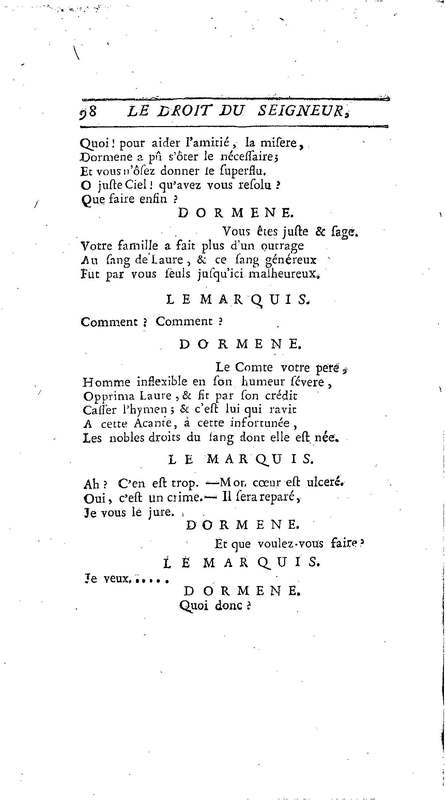 Droit du Seigneur (Le),comédie en vers par M. de Voltaire. Représentée pour la première fois, sous le titre de L'Écueil du sage, par les Comédiens françois ordinaires du Roi, le 18 janvier 1762,