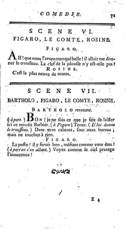 Barbier de Séville, ou la Précaution inutile (Le ), comédie en quatre actes, par M. de Beaumarchais, représentée sur le théâtre de la Comédie Française le 23 février 1775 (avec une Lettre modérée sur la chute et la critique du Barbier de Séville)