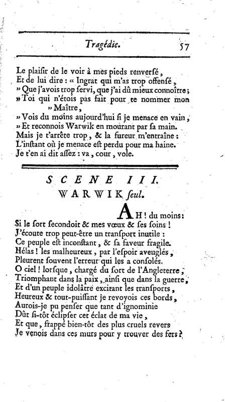 Comte de Warwik [sic] (Le), tragédie par M. de La Harpe, représentée pour la première fois par les Comédiens françois ordinaires du Roi, le 7 novembre 1763