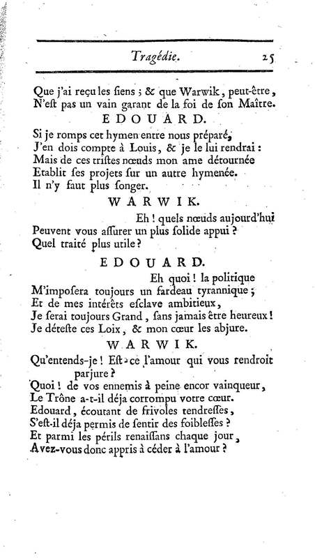 Comte de Warwik [sic] (Le), tragédie par M. de La Harpe, représentée pour la première fois par les Comédiens françois ordinaires du Roi, le 7 novembre 1763