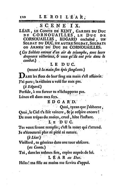 Roi Lear (Le), tragédie en cinq actes, par M. Ducis, représentée à Versailles le 16 janvier 1783 ; et à Paris, le 26 du même mois, par les Comédiens français Roi Lear (Le), tragédie en cinq actes, par M. Ducis, représentée à Versailles le 16 janvier 1783 ; et à Paris, le 26 du même mois, par les Comédiens français