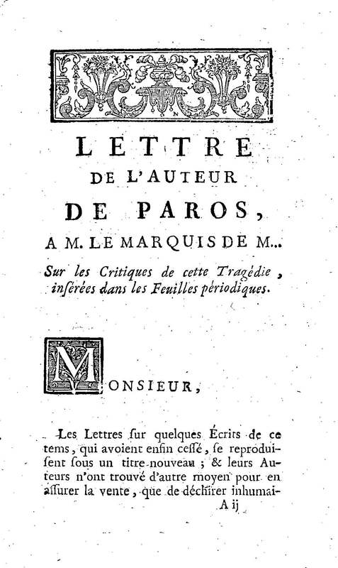 Lettre de l'auteur de Paros [Gabriel Mailhol] à M. le Mis de M… sur les critiques de cette tragédie insérées dans les feuilles périodiques