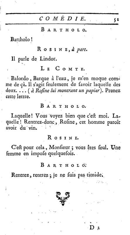 Barbier de Séville, ou la Précaution inutile (Le), comédie en quatre actes, par M. de Beaumarchais, représentée sur le théâtre de la Comédie Française le 23 février 1775 (avec une Lettre modérée sur la chute et la critique du Barbier de Séville)