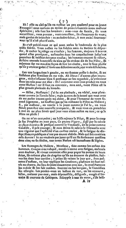 Barbier de Séville, ou la Précaution inutile (Le), comédie en quatre actes, par M. de Beaumarchais, représentée sur le théâtre de la Comédie Française le 23 février 1775 (avec une Lettre modérée sur la chute et la critique du Barbier de Séville)