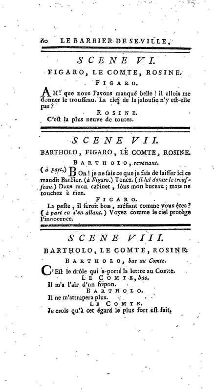 Barbier de Séville, ou la Précaution inutile (Le), comédie en quatre actes, par M. de Beaumarchais, représentée sur le théâtre de la Comédie Française le 23 février 1775 (avec une Lettre modérée sur la chute et la critique du Barbier de Séville)