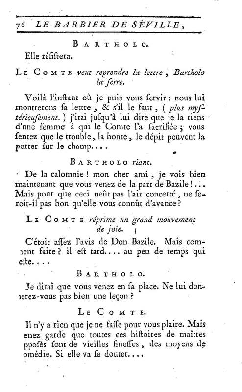 Barbier de Séville, ou la Précaution inutile (Le), comédie en quatre actes, par M. de Beaumarchais, représentée sur le théâtre de la Comédie Française le 23 février 1775 (avec une Lettre modérée sur la chute et la critique du Barbier de Séville)