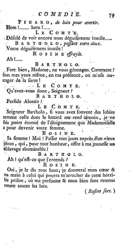 Barbier de Séville, ou la Précaution inutile (Le ), comédie en quatre actes, par M. de Beaumarchais, représentée sur le théâtre de la Comédie Française le 23 février 1775 (avec une Lettre modérée sur la chute et la critique du Barbier de Séville)
