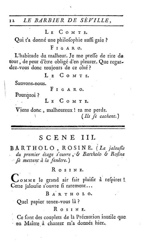 Barbier de Séville, ou la Précaution inutile (Le), comédie en quatre actes, par M. de Beaumarchais, représentée sur le théâtre de la Comédie Française le 23 février 1775 (avec une Lettre modérée sur la chute et la critique du Barbier de Séville)