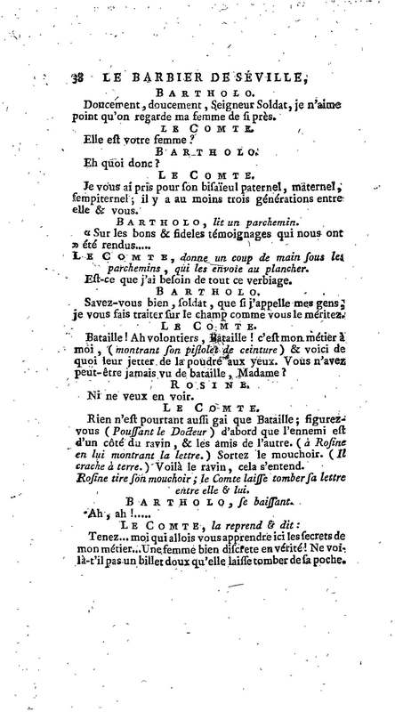 Barbier de Séville, ou la Précaution inutile (Le), comédie en quatre actes, par M. de Beaumarchais, représentée sur le théâtre de la Comédie Française le 23 février 1775 (avec une Lettre modérée sur la chute et la critique du Barbier de Séville)