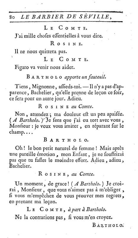 Barbier de Séville, ou la Précaution inutile (Le), comédie en quatre actes, par M. de Beaumarchais, représentée sur le théâtre de la Comédie Française le 23 février 1775 (avec une Lettre modérée sur la chute et la critique du Barbier de Séville)