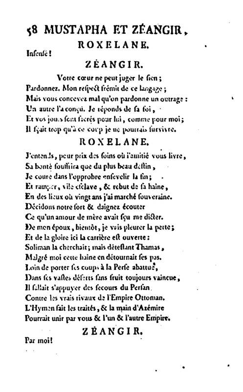 Mustapha et Zéangir, tragédie en cinq actes et en vers, représentée sur le théâtre de Fontainebleau, devant Leurs Majestés, le 1er novembre 1776 Mustapha et Zéangir, tragédie en cinq actes et en vers, représentée sur le théâtre de Fontainebleau, devant Leurs Majestés, le 1er novembre 1776