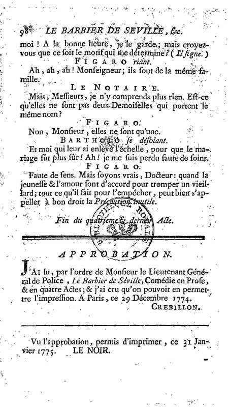 Barbier de Séville, ou la Précaution inutile (Le ), comédie en quatre actes, par M. de Beaumarchais, représentée sur le théâtre de la Comédie Française le 23 février 1775 (avec une Lettre modérée sur la chute et la critique du Barbier de Séville)