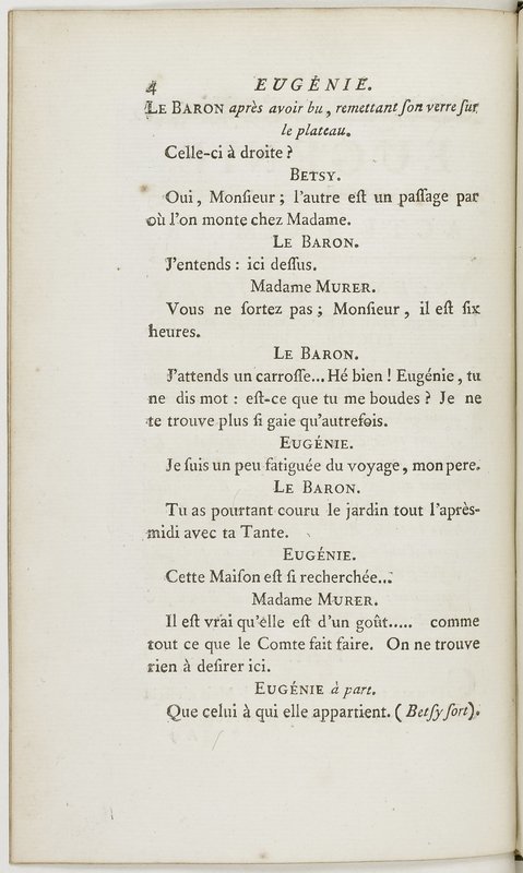 Eugénie, drame en cinq actes en prose, enrichi de figures en taille-douce ; avec un Essai sur le drame sérieux