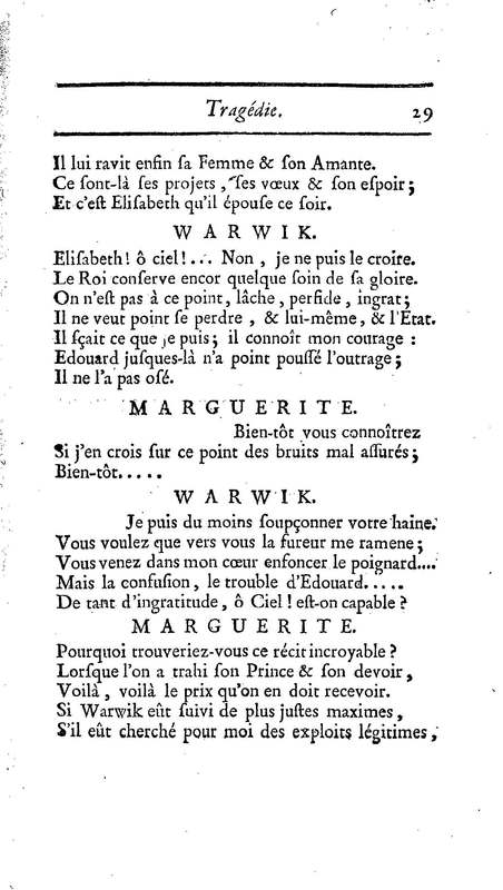 Comte de Warwik [sic] (Le), tragédie par M. de La Harpe, représentée pour la première fois par les Comédiens françois ordinaires du Roi, le 7 novembre 1763