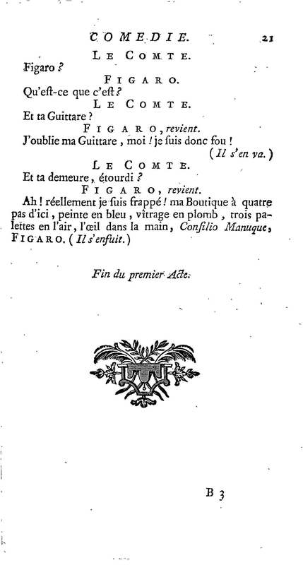 Barbier de Séville, ou la Précaution inutile (Le ), comédie en quatre actes, par M. de Beaumarchais, représentée sur le théâtre de la Comédie Française le 23 février 1775 (avec une Lettre modérée sur la chute et la critique du Barbier de Séville)