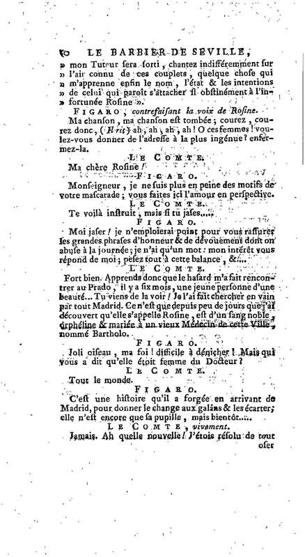 Barbier de Séville, ou la Précaution inutile (Le), comédie en quatre actes, par M. de Beaumarchais, représentée sur le théâtre de la Comédie Française le 23 février 1775 (avec une Lettre modérée sur la chute et la critique du Barbier de Séville)