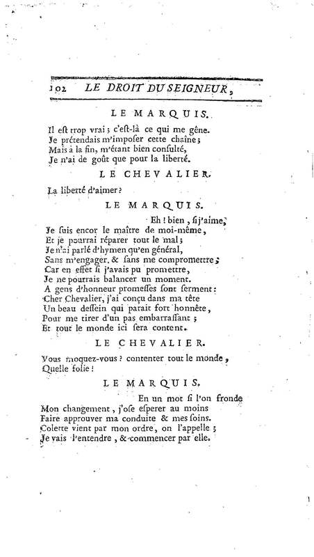 Droit du Seigneur (Le),comédie en vers par M. de Voltaire. Représentée pour la première fois, sous le titre de L'Écueil du sage, par les Comédiens françois ordinaires du Roi, le 18 janvier 1762,