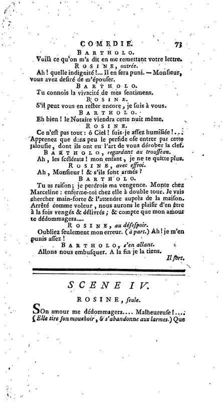 Barbier de Séville, ou la Précaution inutile (Le), comédie en quatre actes, par M. de Beaumarchais, représentée sur le théâtre de la Comédie Française le 23 février 1775 (avec une Lettre modérée sur la chute et la critique du Barbier de Séville)