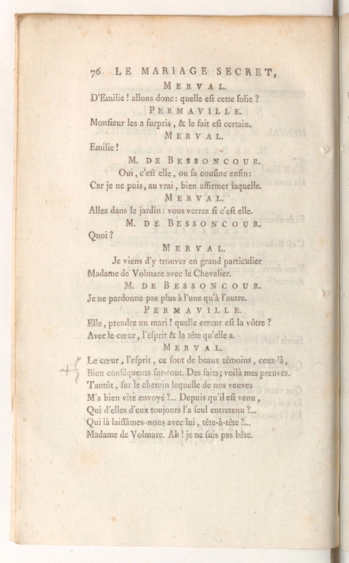 Mariage secret (Le), comédie en trois actes, en vers ; représentée à Fontainebleau, devant Leurs Majestés, le vendredi 4 novembre 1785 ; &, pour la première fois sur le Théâtre Français, le 10 mars 1786 Mariage secret (Le), comédie en trois actes, en vers ; représentée à Fontainebleau, devant Leurs Majestés, le vendredi 4 novembre 1785 ; &, pour la première fois sur le Théâtre Français, le 10 mars 1786