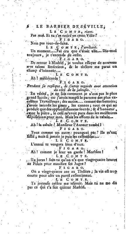 Barbier de Séville, ou la Précaution inutile (Le), comédie en quatre actes, par M. de Beaumarchais, représentée sur le théâtre de la Comédie Française le 23 février 1775 (avec une Lettre modérée sur la chute et la critique du Barbier de Séville)