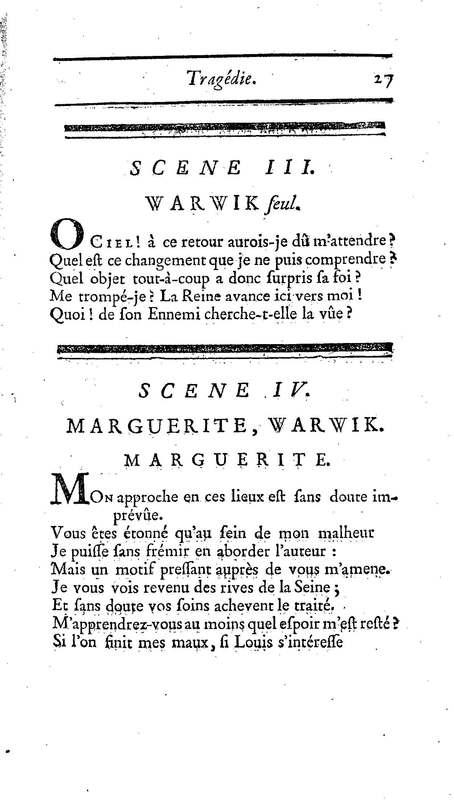 Comte de Warwik [sic] (Le), tragédie par M. de La Harpe, représentée pour la première fois par les Comédiens françois ordinaires du Roi, le 7 novembre 1763