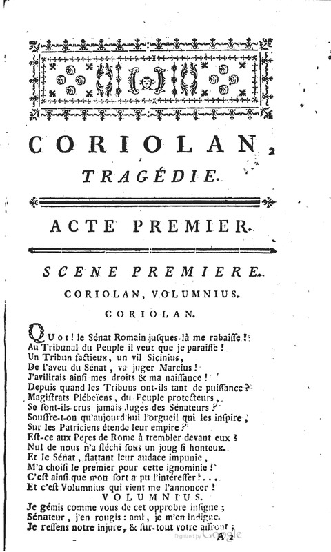 Coriolan, Tragédie en cinq actes et en vers
