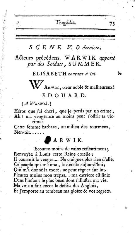 Comte de Warwik [sic] (Le), tragédie par M. de La Harpe, représentée pour la première fois par les Comédiens françois ordinaires du Roi, le 7 novembre 1763
