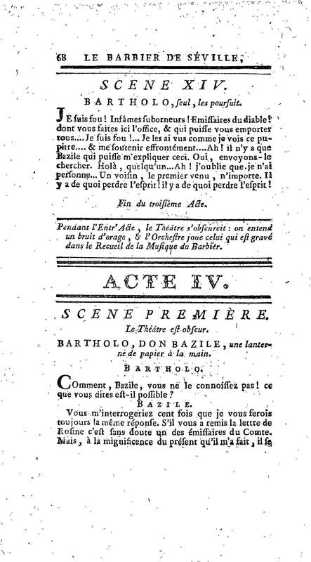 Barbier de Séville, ou la Précaution inutile (Le), comédie en quatre actes, par M. de Beaumarchais, représentée sur le théâtre de la Comédie Française le 23 février 1775 (avec une Lettre modérée sur la chute et la critique du Barbier de Séville)
