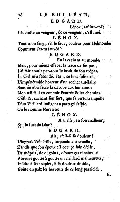 Roi Lear (Le), tragédie en cinq actes, par M. Ducis, représentée à Versailles le 16 janvier 1783 ; et à Paris, le 26 du même mois, par les Comédiens français Roi Lear (Le), tragédie en cinq actes, par M. Ducis, représentée à Versailles le 16 janvier 1783 ; et à Paris, le 26 du même mois, par les Comédiens français