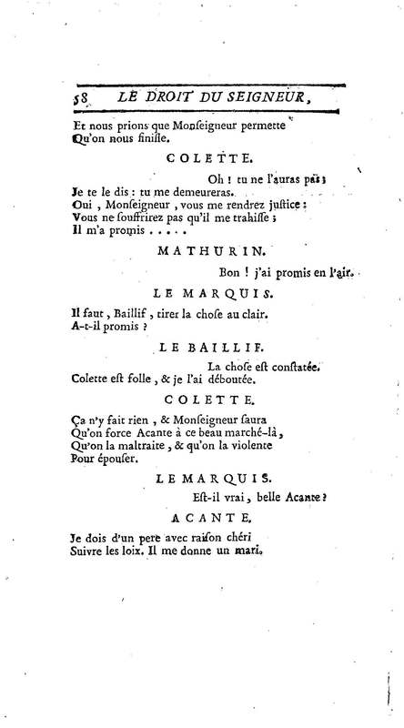 Droit du Seigneur (Le),comédie en vers par M. de Voltaire. Représentée pour la première fois, sous le titre de L'Écueil du sage, par les Comédiens françois ordinaires du Roi, le 18 janvier 1762,