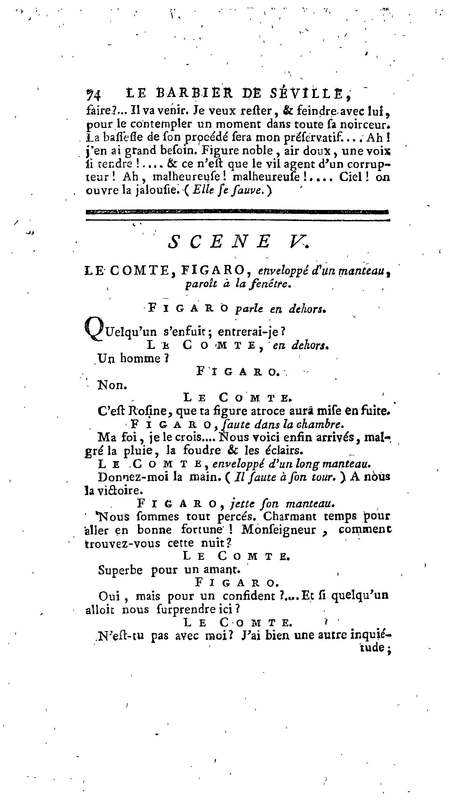 Barbier de Séville, ou la Précaution inutile (Le), comédie en quatre actes, par M. de Beaumarchais, représentée sur le théâtre de la Comédie Française le 23 février 1775 (avec une Lettre modérée sur la chute et la critique du Barbier de Séville)