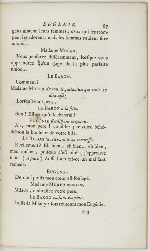 Eugénie, drame en cinq actes en prose, enrichi de figures en taille-douce ; avec un Essai sur le drame sérieux Eugénie, drame en cinq actes en prose, enrichi de figures en taille-douce ; avec un Essai sur le drame sérieux