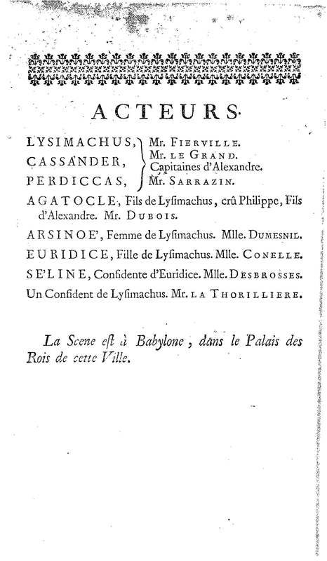 Lysimachus, tragédie par M. de Caux de Montlebert, représentée pour la première fois le 13 décembre 1737 Lysimachus, tragédie par M. de Caux de Montlebert, représentée pour la première fois le 13 décembre 1737