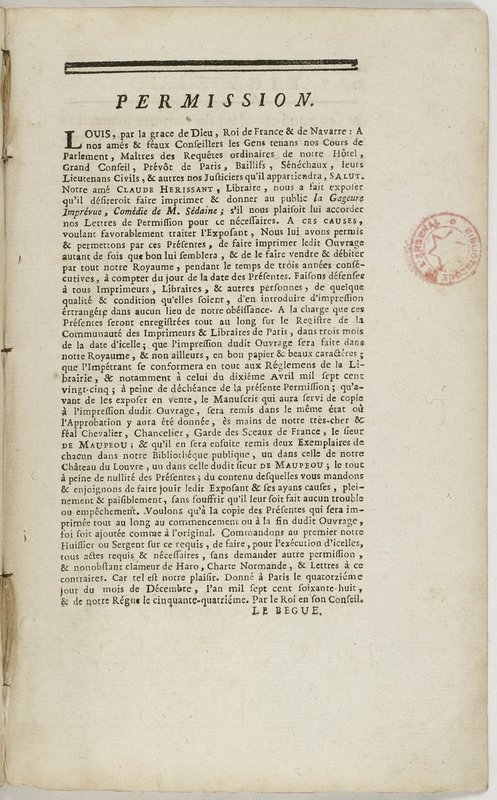 Gageure imprévue (La), comédie en prose et en un acte… par M. Sedaine. [Paris, les Comédiens français, 27 mai 1768]