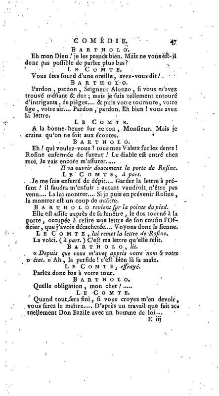 Barbier de Séville, ou la Précaution inutile (Le), comédie en quatre actes, par M. de Beaumarchais, représentée sur le théâtre de la Comédie Française le 23 février 1775 (avec une Lettre modérée sur la chute et la critique du Barbier de Séville)