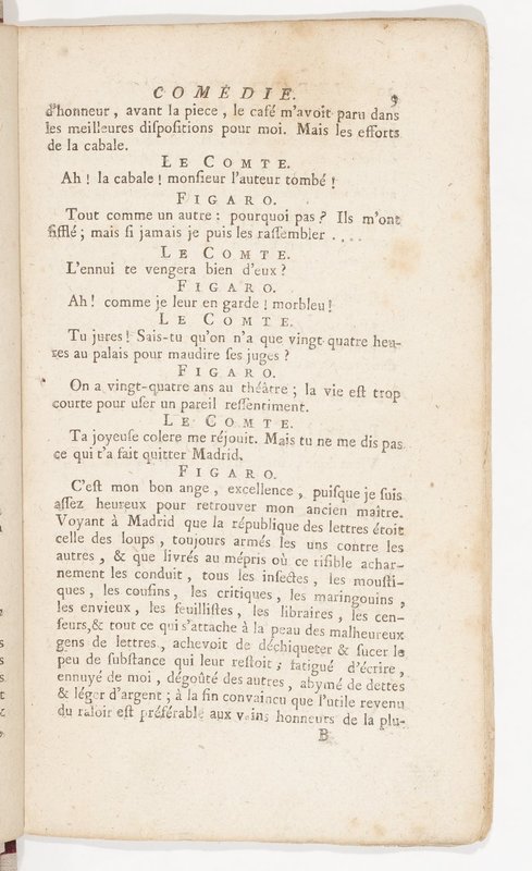 Barbier de Séville, ou la Précaution inutile (Le), comédie en quatre actes, par M. de Beaumarchais, représentée sur le théâtre de la Comédie Française le 23 février 1775 (avec une Lettre modérée sur la chute et la critique du Barbier de Séville)