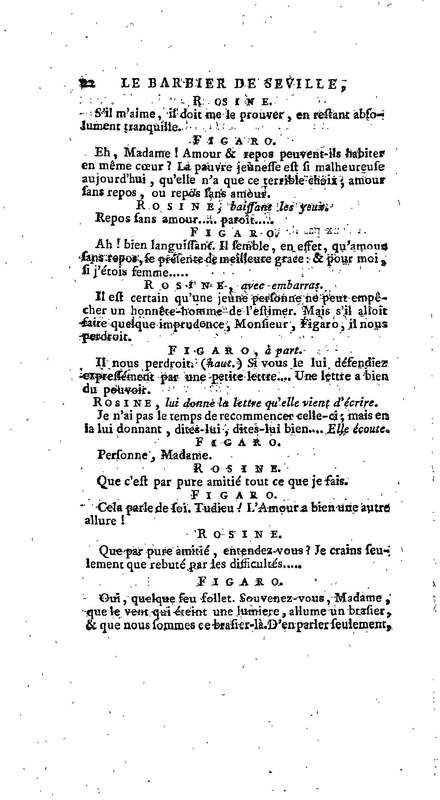 Barbier de Séville, ou la Précaution inutile (Le), comédie en quatre actes, par M. de Beaumarchais, représentée sur le théâtre de la Comédie Française le 23 février 1775 (avec une Lettre modérée sur la chute et la critique du Barbier de Séville)