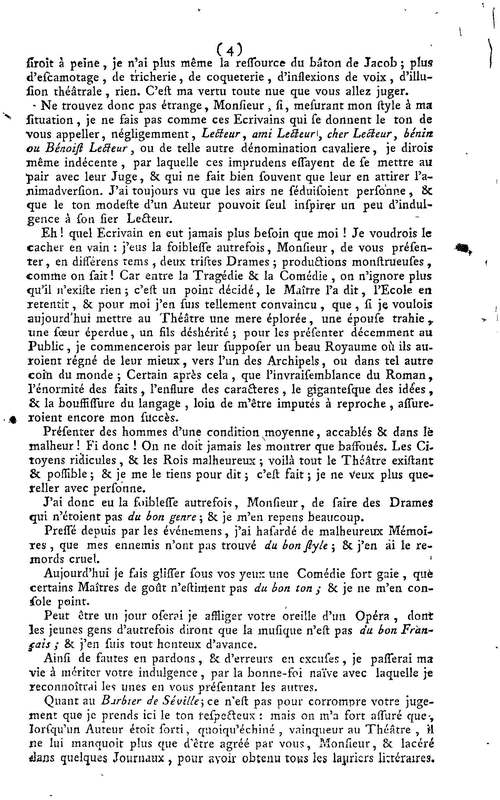 Barbier de Séville, ou la Précaution inutile (Le), comédie en quatre actes, par M. de Beaumarchais, représentée sur le théâtre de la Comédie Française le 23 février 1775 (avec une Lettre modérée sur la chute et la critique du Barbier de Séville)