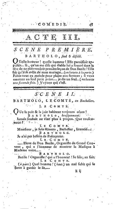 Barbier de Séville, ou la Précaution inutile (Le), comédie en quatre actes, par M. de Beaumarchais, représentée sur le théâtre de la Comédie Française le 23 février 1775 (avec une Lettre modérée sur la chute et la critique du Barbier de Séville)