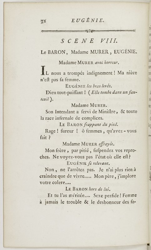 Eugénie, drame en cinq actes en prose, enrichi de figures en taille-douce ; avec un Essai sur le drame sérieux Eugénie, drame en cinq actes en prose, enrichi de figures en taille-douce ; avec un Essai sur le drame sérieux