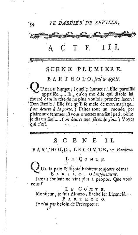 Barbier de Séville, ou la Précaution inutile (Le ), comédie en quatre actes, par M. de Beaumarchais, représentée sur le théâtre de la Comédie Française le 23 février 1775 (avec une Lettre modérée sur la chute et la critique du Barbier de Séville)