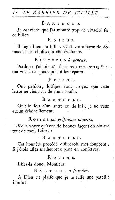 Barbier de Séville, ou la Précaution inutile (Le), comédie en quatre actes, par M. de Beaumarchais, représentée sur le théâtre de la Comédie Française le 23 février 1775 (avec une Lettre modérée sur la chute et la critique du Barbier de Séville)