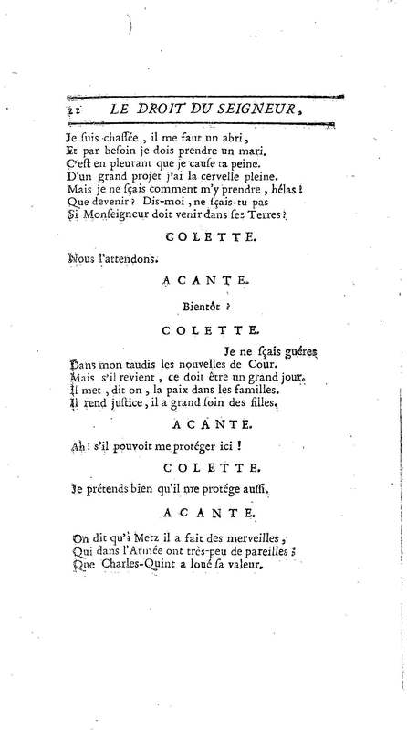 Droit du Seigneur (Le),comédie en vers par M. de Voltaire. Représentée pour la première fois, sous le titre de L'Écueil du sage, par les Comédiens françois ordinaires du Roi, le 18 janvier 1762,