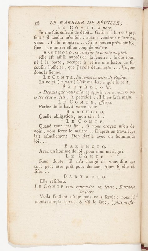 Barbier de Séville, ou la Précaution inutile (Le), comédie en quatre actes, par M. de Beaumarchais, représentée sur le théâtre de la Comédie Française le 23 février 1775 (avec une Lettre modérée sur la chute et la critique du Barbier de Séville)
