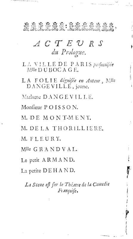 Acteurs déplacés ou l'Amant comedien (Les). Comedie en un acte. Avec un prologue & un divertissement. Représentée pour la premiere fois par les Comédiens ordinaires du Roi, le 14 octobre 1735…